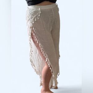 Boho Tassel Linen Pants in White